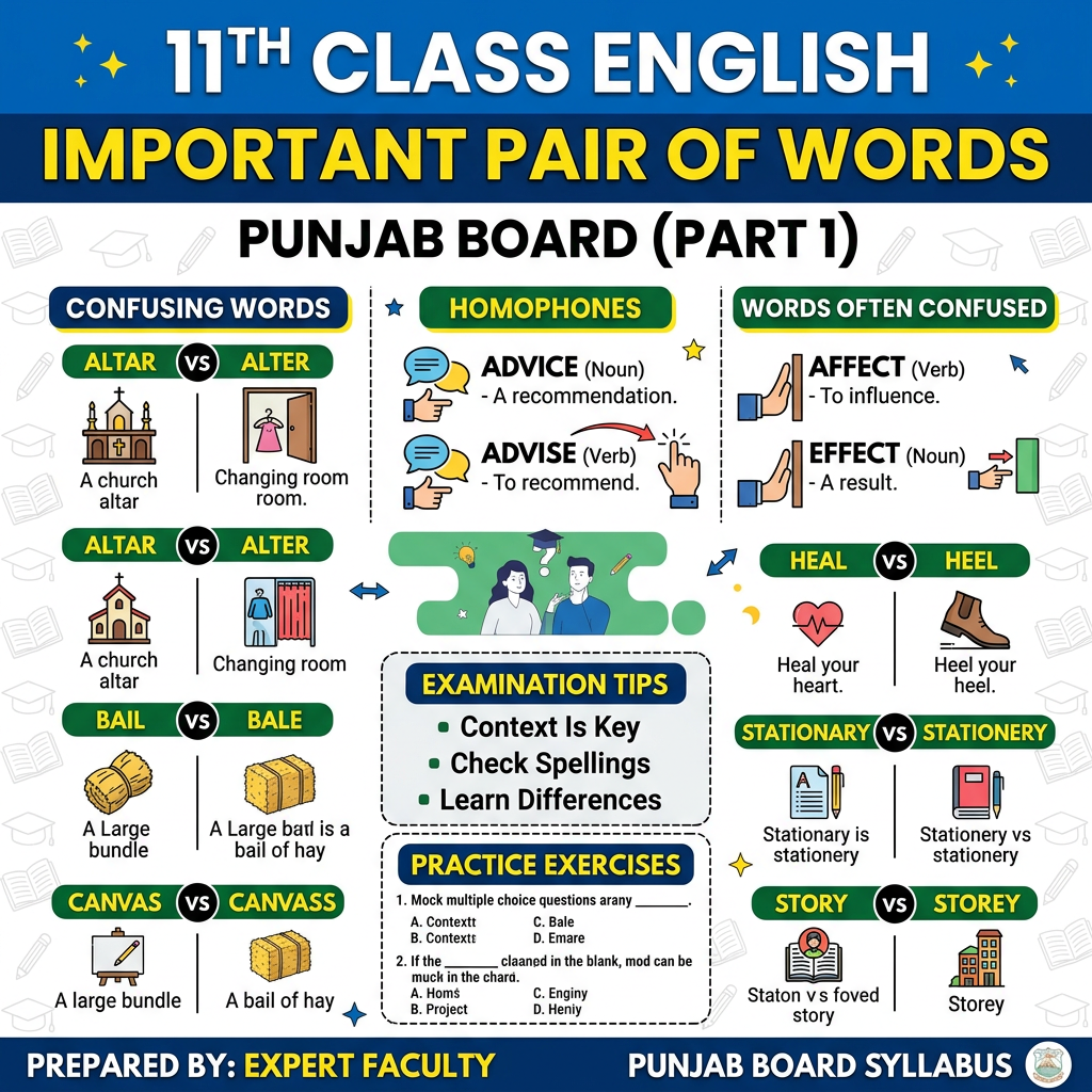 Chart showing confusing English word pairs with meanings and examples for 11th class Punjab Board syllabus.